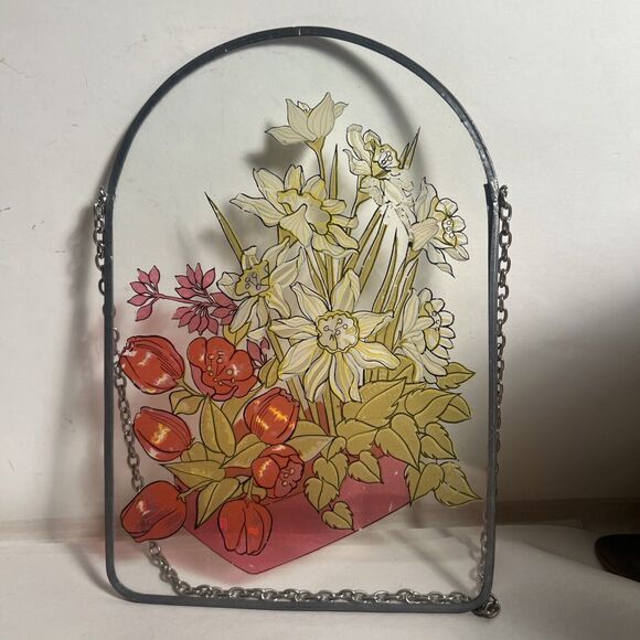 Window Picture, Basket Of Assorted Flowers  Hanging Floral Art 8”x5.5” - Picture 5 of 7